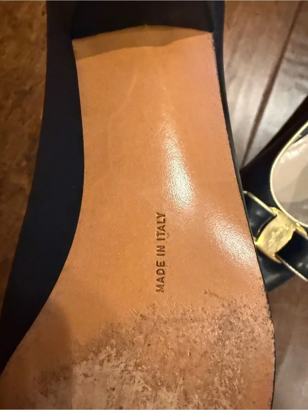 Salvatore Ferragamo Black Leather Vara Bow Flats with Gold Trim